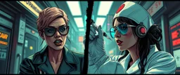 cyberpunk mega city fallout 4, airbrush and pen outline, A cinematic, high-end advertisement image for a fictional service called “Spice Girl Nurse Glam Fashion Party™”. Split-screen composition with two contrasting emotional states. Mad scientist getting injected.