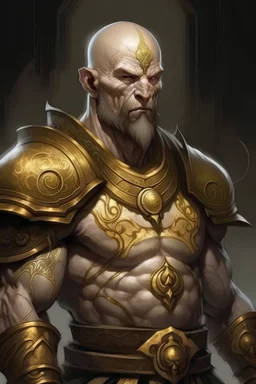 A Goliath (D&D breed), tall, muscular, gray and bald skin. He has several white tribal tattoos. He wears a heavy armor of golden color. He has a very serious look. In the image you have to see at least half a bust. The style of the image is oil painting, in fantasy style.