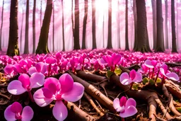 Magic wood with cyclamen, white, pink or parma light effects colors, sun, realistic, very detailed, nice cyclamen in wood, beautiful trees, high contrast, 8k, high definition, concept art, sharp focus