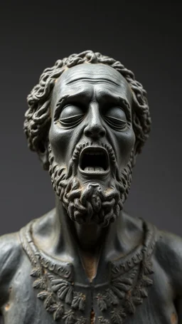 Ceramic style statue all colours are dark gray of an old church man from the 1000 BC in it a whole body and the head of dead man with thick curly hair and his eyes are closed and open mouth with rage