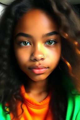 Light skin teen with straightened hair that is reddish orange dark green eyes