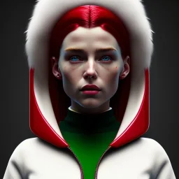 Pretty irish woman, rounded face, red,green, white, hoodie, feathers, retro, latex, leather, soft color, highly detailed, art stations, concept art, smooth, unreal engine 5, god rays, ray tracing, RTX, lumen lighting, ultra detail, volumetric lighting, 3d, finely drawn, high definition, high resolution, neon background.