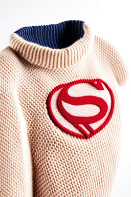 The Superman's Balenciaga sweater Winter elegant inspired by Superman's emblem design beige tones with dual color on a white background, product catalog photography, soft spot lighting, depth of field, 4k –ar 3:5 –q 2