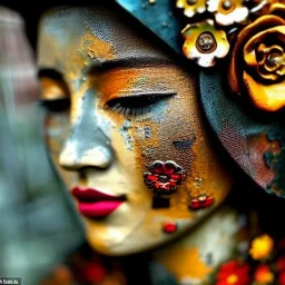 an abstract painting oil in canvas of rusted metal and flowers, Geisha portrait, rust, scaffolding, iron cladding, decay, mixed media, textured, anatomically correct, beautiful perfect face, sharp focus, highly detailed, masterpiece, realistic, intricate detail, sci-fi fantasy style, volumetric lighting, particles, highly detailed ,cinamatic , deep colours, 8k, by Van Gogh , signed YAK