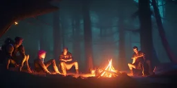 Adventurers resting around a campfire in a forest clearing at night, starry sky, dark fantasy, high detail, high definition, big adventuring bags, atmospheric