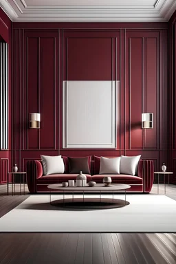 luxurious minimal interior design with a sofa and armchair, large living room with sunlight, white wall panels, dark red wall covering and artwork sculpture