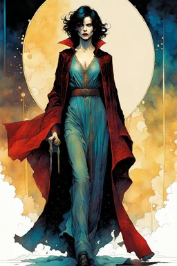 create a wildly imaginative full body portrait of an ethereal, otherworldly , medieval female vampire sorceress with extremely short hair in ragged ornate robes , in the comic book art style of Bill Sienkiewicz, Mike Mignola, and Jean Giraud Moebius, with highly detailed feminine facial features , finely drawn, colored and inked,