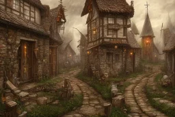 medieval fantasy poor village, rainy, stormy, dark, market, tavern, dirt path