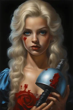 full body image, head to toe, chiaroscuro, deep shadows, rich deep colors, highly detailed portrait, Oil on Canvas by Boris Vallejo - The Evil, homicidal13-year-old Cinderella with Bleach-blonde hair holding a bloody cleaver - 4k UHD, Ultra-realistic, Hyper realistic, Photorealistic, Realistic, absolute Reality