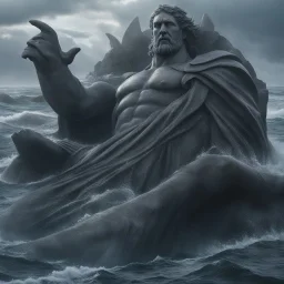 **Cinematic Art:** Visualize colossal, ancient statues emerging from the sea, their outstretched arms holding back storm surges. These guardians symbolize resilience and protection against coastal flooding. Wide-angle shots capturing the vastness of the ocean and the statutes imposing presence. **Appearance:** Cinematic art ideas that that encapsulate the essence of constructing and optimizing flood and stormwater infrastructure in geographical and coastal areas prone to natural disasters. These