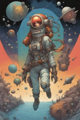 a starship pirate punk female captain in a deep-space diving suit, colorful , floating into the insane and confusing universe of the Angelarium colorful by Hergé, François Schuiten, Ivan Bilibin, Katsuya Terada, Mike Mignola, Paul Pope