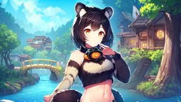 Girl, open navel, black hair, orange eyes, forest, river,house by river, small wooden house,collar on neck, raccoon ears, raccoon tail, raccoon muzzle on face, raccoon paws , raccoon nose,tram, narrow stone road