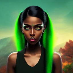 fantasy setting, woman, peau sombre, indienne, cheveux noirs avec une mèche verte