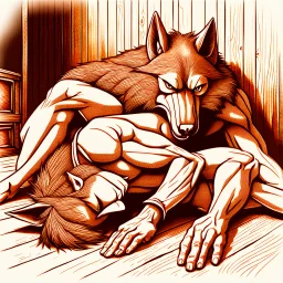 an anthropomorphic wolf in brown bodyhair lying on stomach and an younger anthropomorphic wolf massage his back. The background rustic wooden room features wooden walls with a few pinned papers . relaxed mood, realistic, detailed, cinematic, dark fantasy style