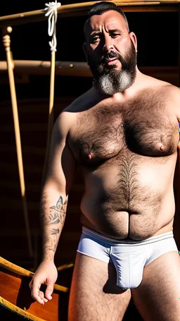 photography of a burly marocan fisherman sunbathing on a fisher wooden boat, in little french briefs, tattoo, manly chest, ugly, 44 years old, bullneck, white long beard, dreadlocks, muscular chubby, screaming, angry eyes, photorealistic, Canon EOS, 8k