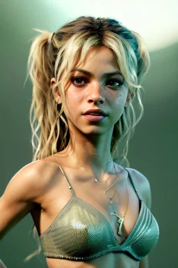 Shakira artist, Realistic image, natural waist up portrait, natural busty , perfect eyes, glow, circle iris. concept art, smooth, unreal engine 5, god lights, ray tracing, RTX, lumen lighting, ultra detail, volumetric lighting, 3d, finely drawn, high definition, 4k.