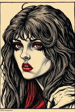 museum quality color woodcut of an ancient female vampire sorceress with highly detailed hair and facial features , in the style of Gustave Baumann, with a fine art aesthetic, highly detailed, finely cut ,8k render,