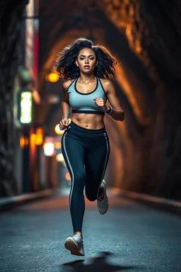 a modern city jewell lights , a beautiful fashion model lady with cute,curvy hair,makeup, in pretty sports suit is running in street ,dynamic camera fallow her inside cave capturing full body, dynamic lights.