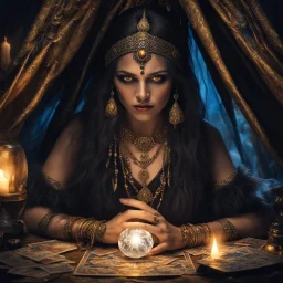 Hyper Realistic photographic-view of Wicked-&-Beautiful-Fortune-teller-with-glowing-golden-eyes wearing black-beed-necklace-&-bracelet angrily Looking at her crystal-ball glowing magically & sitting in her tent at dark-night decorated with fancy-traditional-feathers-&-tarot-cards showing dramatic & cinematic ambiance"