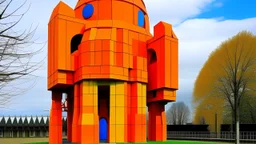 A giant orange mechanical evil looking church painted by Piet Mondrian