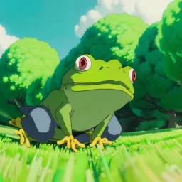 A green frog smiling with a big light blue hat on, wearing blue work overalls, skipping and dancing around in a field during a sunny day. Bokeh, fisheye.