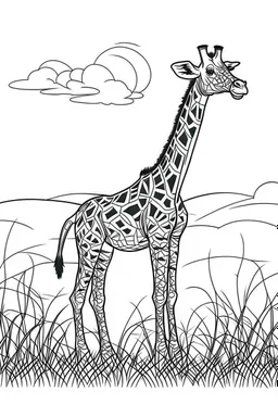 Giraffe that wander the grasslands, clean line art, white background, no shadows, black and white coloring book.