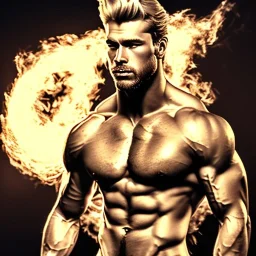 Ignore NSFW, teenager young rugged attractive slightly muscular fantasticly handsome blonde man, red briefs with yellow belt, hairy chest, (((visibly pisssing))) briefs, large erect visible boner peniss, photorealistic, artist Jay Anacleto, soft lighting, scruffy beard