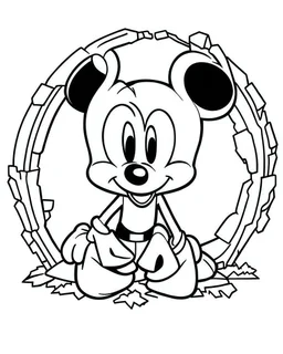 outline art for Mickey Mouse Peering Through Hole coloring page, Japanese manga style, cartoon style, cute face, white background sketch style, full body is a must, only use outline, clean line art, no shadow, bold outline