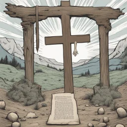 one dirt grave, wood cross, comic book, illustration,