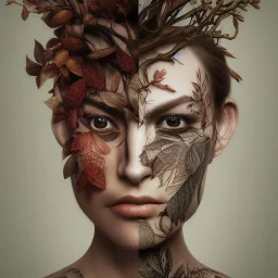 "full face tattoo of leaves and gnarled branches extending past face and morphing into reality, 8k resolution, high-quality, fine-detail, intricate, digital art, detailed matte, volumetric lighting, illustration, octane render