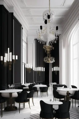 "Depiction of a neoclassical restaurant with black-and-white and residential-colored tables and chairs, along with chandeliers for lighting." Wiko is simple