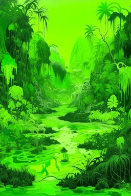 A lime green jungle with a toxic river painted by Guo Xi