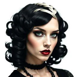 Flapper Woman, a woman with striking facial features. She has pale skin, piercing green eyes and dark, dramatic makeup, including bold, dark red lipstick. Her hair is predominantly black, styled in voluminous, tight curls, with a prominent white streak that is braided. The background is white, keeping the focus on her face and hair. The overall style of the image is gothic and dramatic, with a strong emphasis on contrast and detail.