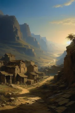 An abandoned village on a mountain shrouded in shadows painted by Francis Danby