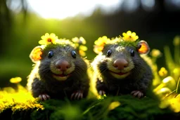 Two smiling Happy moles with flowers in their hair, moss, slight sunshine at dawn,