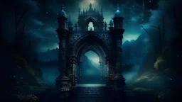 gothic castle . podium for meditation , day landscape, In the garden my mind bows . meditation . ancient colonades for meditation palace built in the , mountains. space color is dark , where you can see the fire and smell the smoke, galaxy, space, cosmos, panorama. Background: An otherworldly planet, bathed in the cold glow of distant stars. Fantasy gate floating in the universe
