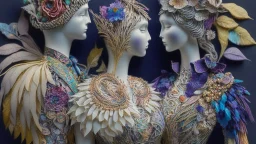 Surreal fantasy Couple Wearing Insanely Detailed Quilling consisting of Mixed Media Including Feathers, Foliage, Flowers, Leather, Buttons, Jewels, Twigs, Plastics, Glitter, Shells, Fabrics, Twine, And Thread; Award-Winning Neo-Surrealistic Masterpiece