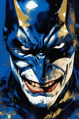 Poster, split in half, one side "batman", other side "joker", midline of the face, painting by Yoji Shinkawa, dark blue and GOLD detailed iridescent, metallic, translucent, dramatic lighting, hyper futuristic, digital art,