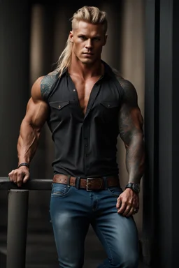 stunningly handsome viking, muscular, long blonde hair, male age 30, wearing jeans and a smart shirt, tan skin, tattoos,photorealistic 4k