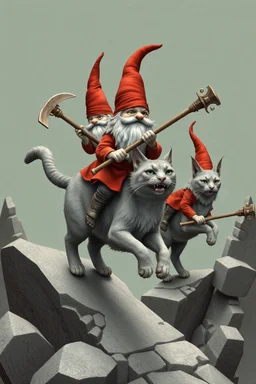 gnomes riding cats with hatchets in the style of Escher and