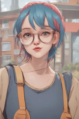 a portrait of a cute girl with colored hair in her 20s, realistic, portrait photo, real life, probably watches anime, glasses,