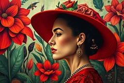 A bold and emotional portrait of a woman in profile wearing a wide red hat, in Frida Kahlo’s deeply symbolic and vibrant style. Surreal botanical background, intense expression, dramatic eyebrows, vivid reds, greens, and earth tones. Feminine strength and mystery. --v 7 --ar 2:3 --style raw --hd --q 2 --uplight --chaos 12