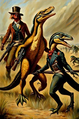 Velociraptors participating in US Civil War. Oil painting.