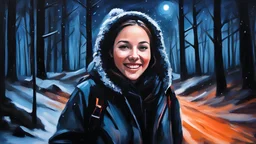 acrylic illustration, acrylic paint, oily sketch, girl at night in the wood, selfie, dressed for trekking, winter, laughing, at night, very dark, infrared photography, without flash, grainy, ((motion blur)), blurry, walking