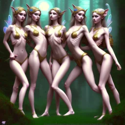 fantasy, three pretty young girls, elves, fairies, sirens, nip, bottomless, licking