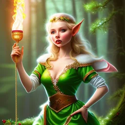 romantic fantasy spray painting, portrait of cute smiling green eyed blonde robed elf poet with cute ornament,sitting in swing, loosing torch in magical forest