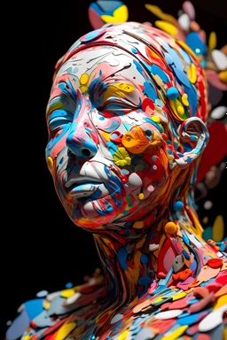 a close up of a sculpture of a person, by Tomokazu Matsuyama, tumblr, psychedelic art, 3d abstract render overlayed, hans bellmer and nadav kander, colorful ferrofluid armor, (((francis bacon)))style, with the artwork showcasing a highly detailed and godsend-like quality, resulting in a visually breathtaking masterpiece that seamlessly combines elements of 3D rendering and digital art to evoke a sense of wonder and awe