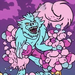 cotton candy werewolf with candies and lollipops, sharp teeth, evil