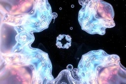 create A picture of 3d complex hypnotic fractal translucent 3D complex structures evolving and morphing, fluid geometry shifting between organic and geometric forms, iridescent glass material with internal glow and pretty bubbles inside,instances must have random translucent material smooth must capture comple struct , galaxy background, seamless motion, cinematic lighting, generative art style.