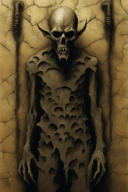 The full body of a prisoner man holding a bat , coming out a broken wall, Scary face , decayed and rotting with grotesque proportions and imagery. abstract grotesqueries, detailed texture, surreal horror, biomechanical design, by hr giger and beksinski